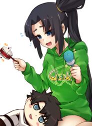  1boy :d bad_id bad_pixiv_id black_hair blue_eyes chaldea_uniform fate/grand_order fate_(series) female flying_sweatdrops fujimaru_ritsuka_(male) hood hoodie lap_pillow long_hair open_mouth pinta_(ayashii_bochi) quick_shirt rattle rattle_drum riyo_(lyomsnpmp)_(style) side_ponytail sitting smile uniform ushiwakamaru_(fate) 