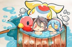  1boy azura_(fire_emblem) bathing blue_hair chibi commentary_request corrin_(fire_emblem) corrin_(male)_(fire_emblem) female fire_emblem fire_emblem_fates lilith_(fire_emblem) mixed-sex_bathing one_eye_closed pointy_ears red_eyes rubber_duck shared_bathing shiratsu_(white-seaside) smile steam towel towel_on_head white_hair yellow_eyes 