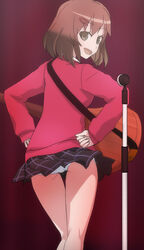  back brown_eyes brown_hair female guitar hair_ornament hairclip hands_on_own_hips haruyama_kazunori instrument looking_at_viewer looking_back open_mouth panties pantyshot short_hair skirt solo standing suzuki_yua tesagure!_bukatsu-mono underwear white_panties 