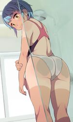  against_glass ass ass_on_glass ass_press blue_hair competition_swimsuit feet_out_of_frame female from_behind highres indoors kneepits looking_at_viewer looking_back neyuki_rei one-piece_swimsuit original shirt_tan short_hair shorts_tan shower_(place) smile solo standing swimsuit tan tanlines window yellow_eyes 