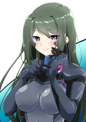  black_gloves blue_eyes blush bright_pupils covered_navel female fortified_suit gloves gradient_background green_hair hair_behind_ear highres kamon_rider kazama_touko looking_at_viewer muv-luv muv-luv_alternative muv-luv_alternative_(anime) pilot_suit science_fiction smile solo upper_body white_pupils 