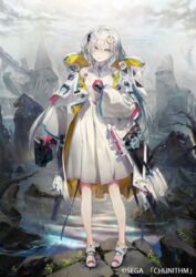  anklet breasts chunithm dress female gloves gun hair_ornament holding holding_gun holding_weapon jacket jewelry kodama_(wa-ka-me) looking_at_viewer official_art parted_lips red_gloves ruins solo weapon white_dress white_eyes white_hair 