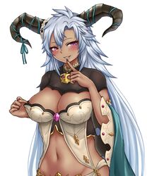  black_horns black_nails blush breasts cleavage commentary cowboy_shot dark-skinned_female dark_skin detached_sleeves dragon_horns fangs fediel_(granblue_fantasy) female finger_to_mouth granblue_fantasy grey_hair groin hair_between_eyes highres horn_ornament horn_ribbon horns large_breasts long_hair looking_at_viewer midriff navel parted_lips purple_eyes revealing_clothes ribbon sidelocks simple_background smile solo standing tarte.k very_long_hair white_background wide_sleeves 