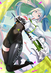  aqua_eyes aqua_hair asymmetrical_legwear black_bodysuit black_thighhighs blue_hair bodysuit breasts commentary confetti covered_navel cropped_jacket female flag flagpole flame_print full_body gloves goodsmile_racing green_gloves grin hair_ornament hatsune_miku highres holding holding_flag jacket ldfe_mk2 light_blue_hair medium_breasts parted_lips racing_miku racing_miku_(2022) single_thighhigh smile smiley_face solo thighhighs twintails vocaloid white_jacket 