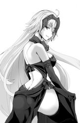  ahoge bare_shoulders breasts butt_crack dress elbow_gloves fate/grand_order fate_(series) female gloves greyscale headpiece jeanne_d&#039;arc_alter_(avenger)_(fate) jeanne_d&#039;arc_alter_(fate) jeanne_d&#039;arc_alter_(holy_night_supper)_(fate) long_hair looking_at_viewer medium_breasts monochrome rikudou_inuhiko sideboob smile solo thighhighs thighs very_long_hair white_background 