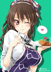  ;) adapted_costume alternate_hairstyle apron artist_name ashigara_(kancolle) ashigara_kai_ni_(kancolle) breasts brown_eyes brown_hair collared_shirt commentary_request curry curry_rice female finger_to_cheek food frilled_apron frills green_background hair_up heart high_ponytail highres holding holding_plate index_finger_raised ishihara_masumi kantai_collection katsu_(food) katsu_curry long_hair long_sleeves looking_at_viewer mini_flag one_eye_closed plate ponytail purple_apron rice shirt sidelocks simple_background smile solo speech_bubble spoken_heart twitter_username upper_body wavy_hair white_shirt 