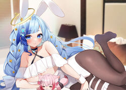  animal_ears bare_shoulders bed black_choker black_pantyhose blue_eyes blue_hair blunt_bangs blurry blurry_background blush braid breasts brown_pantyhose choker cleavage collarbone commission dot_nose fake_animal_ears female frills hair_ornament indie_virtual_youtuber indoors jewelry lamp large_breasts leotard long_hair looking_at_viewer lying mole mole_on_body natsuki_(ukiwakudasai) on_bed on_side pantyhose pillow playboy_bunny rabbit_ears sasayaki_hisori skeb_commission smile solo star_(symbol) star_hair_ornament strapless strapless_leotard very_long_hair virtual_youtuber white_leotard wrist_cuffs 