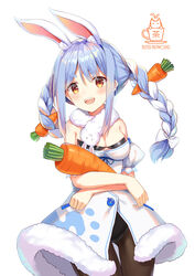  :d aliter animal_ear_fluff animal_ears artist_name bare_shoulders black_leotard black_pantyhose blue_hair blush bow breasts carrot carrot_hair_ornament cleavage commentary_request don-chan_(usada_pekora) dress extra_ears female food-themed_hair_ornament fur-trimmed_dress fur_trim hair_between_eyes hair_ornament hairbow highres hololive hugging_object leotard leotard_under_clothes logo long_hair looking_at_viewer medium_breasts multicolored_hair open_mouth pantyhose rabbit_ears red_eyes short_eyebrows simple_background smile solo strapless strapless_dress strapless_leotard teeth thick_eyebrows two-tone_hair upper_teeth_only usada_pekora usada_pekora_(1st_costume) virtual_youtuber white_background white_bow white_dress white_hair 