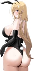  animal_ears ass backless_leotard black_gloves black_leotard blonde_hair blue_eyes blush breasts closed_mouth commentary cowboy_shot elbow_gloves fake_animal_ears fake_tail female from_behind frown furrowed_brow gloves hair_intakes highres huge_ass large_breasts leotard long_hair looking_at_viewer looking_back original playboy_bunny rabbit_ears rabbit_tail sideboob sidelocks simple_background solo standing strapless strapless_leotard sweat tail tongtangtong twintails white_background wing_hair_ornament 