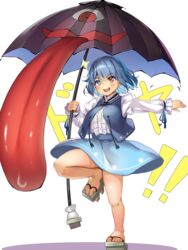  arms_up blue_eyes blue_hair blue_skirt blue_vest breasts commentary_request doyagao feet female frilled_shirt frills geta heterochromia highres juliet_sleeves karakasa_obake leg_lift long_sleeves long_tongue medium_breasts open_clothes open_mouth open_vest outstretched_hand piyodesu puffy_sleeves red_eyes shadow shirt short_hair simple_background skirt smug solo sparkle standing standing_on_one_leg sunken_fossil_world tatara_kogasa teeth toe_scrunch toes tongue touhou umbrella upper_teeth_only vest white_background white_shirt 