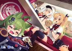  6+girls absurdres ahoge akashi_(azur_lane) animal_ears azur_lane bag bald_eagle baseball_cap bench bird blonde_hair blue_eyes blue_sky blush bow bowtie breasts burger casual cat_ears chibi cleveland_(azur_lane) closed_mouth commentary day denver_(azur_lane) drooling eagle eating english_commentary enterprise_(azur_lane) food gem gem_(azur_lane) glint green_hair grey_hair grim_(azur_lane) hair_between_eyes hair_intakes hair_ornament hat highres holding holding_food indoors large_breasts logo long_hair looking_at_viewer manjuu_(azur_lane) montpelier_(azur_lane) multiple_girls nagu necktie official_art one_side_up open_mouth parted_bangs purple_eyes red_bow red_bowtie red_eyes red_necktie shirt sitting skirt sky sleeves_past_wrists small_breasts smile very_long_hair white_hair white_headwear white_shirt window 