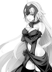  ahoge bare_shoulders breasts crossed_arms dress elbow_gloves fate/grand_order fate_(series) female gloves greyscale groin headpiece hip_focus jeanne_d&#039;arc_alter_(avenger)_(fate) jeanne_d&#039;arc_alter_(fate) jeanne_d&#039;arc_alter_(holy_night_supper)_(fate) long_hair looking_at_viewer medium_breasts monochrome navel rikudou_inuhiko side_slit solo thighhighs thighs very_long_hair white_background 