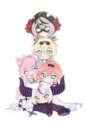  5girls absurdres ahoge animal_ears blonde_hair blue_eyes blush chibi collar commentary_request demon_horns grey_hair hair_ornament hair_wings hakui_koyori hakui_koyori_(1st_costume) highres hololive holox hood hood_up horns human_tower kazama_iroha kazama_iroha_(1st_costume) la+_darknesss la+_darknesss_(1st_costume) mask metal_collar multicolored_hair multiple_girls neru_(flareuptf1) pink_hair purple_eyes purple_hair sakamata_chloe sakamata_chloe_(1st_costume) sleeves_past_fingers sleeves_past_wrists stacking striped_horns takane_lui takane_lui_(1st_costume) virtual_youtuber wings wolf_ears yellow_eyes 