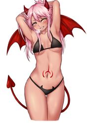  armpits arms_behind_head arms_up bare_shoulders bikini black_bikini blush breasts chloe_von_einzbern cleavage collarbone commentary cowboy_shot dark-skinned_female dark_skin demon_girl demon_horns demon_tail demon_wings eyebrows_hidden_by_hair fate/kaleid_liner_prisma_illya fate_(series) female grin hair_between_eyes horns long_hair looking_at_viewer naughty_face navel oerba_yun_fang one_side_up pink_hair sidelocks simple_background small_breasts smile solo standing steam stomach stomach_tattoo sweat swimsuit tail tarte.k tattoo teeth thigh_gap underboob white_background wings yellow_eyes 