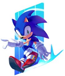  1boy chaosc0ntr0l furry gloves green_eyes hedgehog_ears looking_down male_focus pointing red_footwear running smile solo sonic_(series) sonic_the_hedgehog white_gloves 