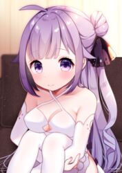  ahoge azur_lane bad_id bad_pixiv_id bare_shoulders black_ribbon blush breasts cleavage closed_mouth collarbone commentary_request curtains detached_sleeves dress female hair_bun hair_ribbon halterneck hugging_own_legs knees_up long_hair looking_at_viewer maeha purple_eyes purple_hair ribbon sidelocks single_hair_bun sitting smile solo thighhighs twitter_username unicorn_(azur_lane) white_dress white_thighhighs 