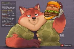  2023 aloha_shirt anthro burger camera canid canine chat clothing digital_media_(artwork) disney dragontzin eating english_text fat_arms food fox glistening glistening_eyes hi_res livestream male mammal necktie nick_wilde obese obese_anthro obese_male overweight overweight_anthro overweight_male pattern_clothing pattern_shirt pattern_topwear red_fox shirt signature smile solo text tight_clothing topwear true_fox wardrobe_malfunction webcam weight_gain zootopia 