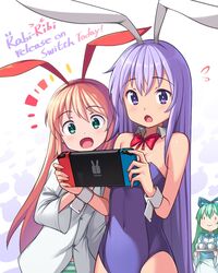  3girls :d :o animal_ears announcement bare_shoulders blonde_hair bow bowtie breasts chibi cicini_(rabi-ribi) commentary covered_navel cup detached_collar dress_shirt english_commentary erina_(rabi-ribi) fake_animal_ears flying_sweatdrops green_eyes green_hair hairband handheld_game_console highres holding holding_handheld_game_console leotard long_hair long_sleeves looking_at_viewer maid medium_breasts multiple_girls nintendo_switch official_art open_mouth panties purple_eyes purple_hair purple_leotard rabbit_ears rabbit_girl rabi-ribi red_bow red_bowtie saiste shirt simple_background smile striped_clothes striped_panties syaro_(rabi-ribi) tray underwear very_long_hair white_background white_shirt wrist_cuffs |_| 