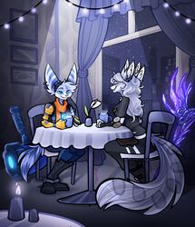  absurd_res anthro beverage coffee dialogue duo ear_piercing ear_ring eye_contact felid female female/female furmessiah_(character) furniture hi_res lombax looking_at_another mammal night piercing ratchet_and_clank ring_piercing rivet_(ratchet_and_clank) smile snow sony_corporation sony_interactive_entertainment stasia28fox table weapon 