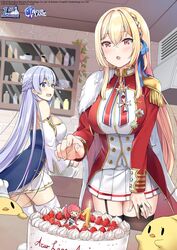  2girls azur_lane bare_shoulders bird black_legwear blonde_hair blue_dress blue_eyes blue_hair blue_ribbon blush braid breasts buttons cake candle cape chick cleavage crossed_bangs detached_sleeves dress drooling epaulettes flying_sweatdrops food french_braid garter_straps hair_ribbon jacket kaetzchen king_george_v_(azur_lane) large_breasts long_hair long_sleeves manjuu_(azur_lane) multiple_girls open_mouth pleated_skirt red_eyes red_jacket ribbon ribbon_braid rodney_(azur_lane) san_diego_(azur_lane) side_braid sidelocks single_braid skirt thighhighs thighs white_cape white_skirt white_thighhighs 