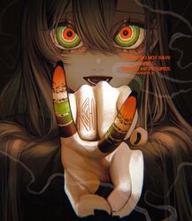  bad_id bad_twitter_id black_nails chromatic_aberration clenched_hand commentary_request dark female green_eyes hair_between_eyes hands_up highres kamato_il leucochloridium_paradoxum looking_at_viewer multicolored_eyes open_mouth original portrait red_eyes smile snail_hands solo v 