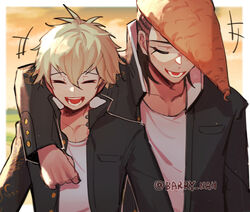  2boys bangs barry_nah black_jacket blonde_hair blurry blurry_background border breast_pocket brown_hair closed_eyes collarbone commentary danganronpa:_trigger_happy_havoc danganronpa_(series) danganronpa_another_episode:_ultra_despair_girls facing_viewer hair_between_eyes highres jacket lower_teeth male_focus multicolored_hair multiple_boys oowada_mondo open_clothes open_jacket open_mouth pocket pompadour shirt short_hair smile teeth twitter_username two-tone_hair watermark white_border white_shirt yukimaru_takemichi 