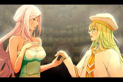  2girls alice_carroll andanden aria_(manga) aria_the_crepuscolo armpit_crease athena_glory bare_shoulders blurry blurry_background breasts capelet cleavage dark-skinned_female dark_skin depth_of_field dress gold_trim green_dress green_hair grey_eyes hair_between_eyes hand_on_own_chest hand_up hands_up highres indoors large_breasts letterboxed long_hair multiple_girls necktie orange_necktie orange_planet_uniform parted_bangs pink_hair sidelocks strapless strapless_dress upper_body white_capelet white_headwear 