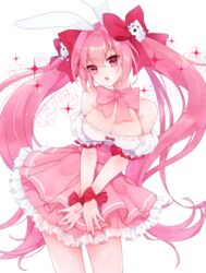  animal_ears bare_shoulders breasts cleavage commentary detached_sleeves di_gi_charat dice_hair_ornament female fingernails floral_background frilled_skirt frills hair_between_eyes hair_ornament highres large_breasts long_hair open_mouth pink_hair pink_skirt pleated_skirt puffy_short_sleeves puffy_sleeves rabbit_ears red_eyes shichijou_natori shirt short_sleeves simple_background skirt solo sparkle twintails usada_hikaru very_long_hair white_background white_shirt wide_sleeves wrist_bow 