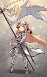  abigail_williams_(fate) armor armored_dress bare_shoulders black_bow blonde_hair blue_eyes blush bow chains closed_mouth cosplay dress fate/apocrypha fate/grand_order fate_(series) faulds female flag forehead gauntlets gradient_background hairbow headpiece highres jeanne_d&#039;arc_(fate) jeanne_d&#039;arc_(third_ascension)_(fate) jeanne_d&#039;arc_(third_ascension)_(fate)_(cosplay) long_hair miya_(miyaruta) orange_bow parted_bangs plackart polearm sheath smile solo sparkle sword thighhighs weapon white_dress 