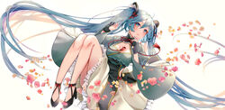  absurdly_long_hair aqua_hair aqua_nails black_gloves blue_eyes blush bow breasts cleavage cleavage_cutout clothing_cutout commentary female floating flower frilled_skirt frills full_body gloves grey_skirt hair_between_eyes hair_ornament hairbow hands_up hatsune_miku high_heels highres knees_up kyashii_(a3yu9mi) long_hair looking_at_viewer medium_breasts nail_polish parted_lips partially_fingerless_gloves pink_flower red_bow red_ribbon ribbon side_cutout skirt solo twintails very_long_hair vocaloid white_background wide_sleeves yellow_flower 