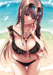  ayase_chiaki beach bikini black_bikini blush bracelet breast_hold breasts brown_hair cleavage collarbone comic_exe day earrings eyewear_on_head female frilled_bikini frills furrowed_brow glint grin groin half-closed_eyes hand_on_own_face highleg highleg_bikini highres jewelry large_breasts lips lipstick long_hair looking_at_viewer makeup mole mole_on_breast multi-strapped_bikini navel necklace non-web_source o-ring o-ring_bikini o-ring_top outdoors parted_lips piromizu purple_eyes ring sidelocks sistart! skindentation smile solo stomach string_bikini sunglasses swimsuit thigh_gap thighs water water_drop wedding_ring wet 