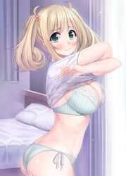  ass blonde_hair bra breasts female green_bra green_eyes hair_ribbon idolmaster idolmaster_cinderella_girls large_breasts looking_at_viewer no_pants panties ribbon sato_shin shirt solo string_panties t-shirt twintails underwear undressing white_panties yamakaze_ran 