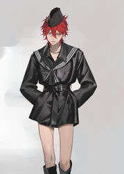  1boy alternate_costume amagi_rinne belt black_footwear black_jacket blue_eyes chinese_commentary closed_mouth collar collarbone commentary_request earrings ensemble_stars! eyokiki hair_between_eyes hand_in_pocket hat highres jacket jewelry long_sleeves male_focus red_hair short_hair simple_background smile solo walking 