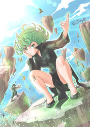  1boy 2girls :/ bald bird black_dress black_hair blue_sky bosstseng breasts cape cloud commentary_request crossover curly_hair day dress dutch_angle falling flats floating_rock frown fubuki_(one-punch_man) green_eyes green_hair head_rest highres ho-oh impossible_clothes impossible_dress index_finger_raised indian_style large_breasts lens_flare medium_breasts multiple_girls one-punch_man photoshop_(medium) pikachu pokemon pokemon_(creature) saitama_(one-punch_man) shoes short_hair siblings signature sisters sitting sky squatting tatsumaki telekinesis 