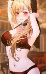  amyu_(amm_asl_pa) armpits arms_up bad_id bad_pixiv_id black_choker blonde_hair blue_gemstone blurry blurry_background blush bra breasts choker cleavage commentary commission cowboy_shot eyelashes female gem hair_over_shoulder highres holding holding_towel indoors lace-trimmed_bra lace-trimmed_panties lace_trim long_hair looking_at_viewer medium_breasts navel original panties parted_lips red_bra red_eyes red_panties skeb_commission smile solo standing stomach sweat towel underwear underwear_only 