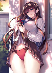  aqua_eyes blunt_bangs blush bow bow_print bowtie breasts brown_hair closed_mouth clothes_lift comic_exe covered_clitoris cowboy_shot diploma female furrowed_brow graduation hair_ornament hairclip half-closed_eyes highleg highleg_panties highres lace lace-trimmed_panties lace_trim large_breasts lifting_own_clothes lips long_hair long_sleeves looking_at_viewer non-web_source original outdoors panties piromizu pleated_skirt pussy_juice red_panties sailor_collar school_uniform serafuku sidelocks skirt skirt_lift solo sweat thighs underwear x_hair_ornament 