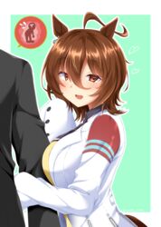  1boy :d absurdres agnes_tachyon_(umamusume) ahoge animal_ears arm_grab bad_id bad_pixiv_id black_jacket black_necktie blush border breasts brown_hair coat commentary_request female green_background hair_between_eyes heart highres horse_ears horse_girl jacket lab_coat large_breasts looking_at_viewer necktie nonexistent_memories_(jujutsu_kaisen) red_eyes ryochapu short_hair short_necktie sleeves_past_wrists smile sweater trainer_(umamusume) umamusume upper_body white_border white_coat yellow_sweater 