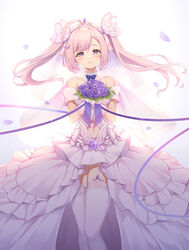  :3 absurdres ahoge azur_lane bare_shoulders blue_ribbon blush bouquet breasts bride butterfly_hair_ornament chinese_commentary choker closed_mouth commentary_request cowboy_shot dress female floating_hair garter_straps gloves hair_between_eyes hair_ornament head_tilt highres holding holding_bouquet kanon_(sinto) long_hair looking_at_viewer navel pink_hair purple_eyes ribbon ribbon_choker saratoga_(azur_lane) sidelocks simple_background skindentation small_breasts smile solo standing strapless strapless_dress thighhighs tiara twintails wedding_dress white_background white_dress white_gloves white_thighhighs 