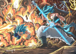  2boys battle blue_eyes blue_hair boots bosstseng commentary_request dragon_ball dragon_ball_super dragon_ball_super_broly duel earrings energy_ball energy_sword eruption explosion fire fist_fight gloves gogeta hand_to_hand highres jewelry lava lightning male_focus metamoran_vest multiple_boys muscular photoshop_(medium) potara_earrings signature smile smoke super_saiyan super_saiyan_blue sword vegetto vest volcano weapon white_footwear white_gloves 