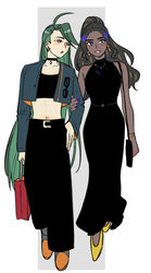  2girls :o ahoge alternate_costume bag black_bag black_choker black_dress black_hair black_pants black_shirt blue_eyes blush choker collarbone commentary_request cropped_jacket dark-skinned_female dark_skin dress geeta_(pokemon) green_hair guriya hair_down handbag highres holding jacket long_hair multiple_girls nail_polish navel open_clothes open_jacket orange_footwear pants parted_lips pokemon pokemon_sv protected_link rika_(pokemon) shirt shoes shopping_bag sleeveless sleeveless_dress smile yellow_footwear 