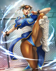  :o blue_dress boots bracelet breasts brown_eyes brown_hair brown_pantyhose bun_cover cameltoe china_dress chinese_clothes chun-li cross-laced_footwear double_bun dress earrings female fence hair_bun highres jewelry lipstick madowl makeup medium_breasts open_mouth pantyhose pelvic_curtain puffy_sleeves short_sleeves signature solo spiked_bracelet spikes street_fighter teeth white_footwear 