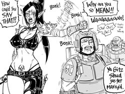  2boys absurdres armor astra_militarum asymmetrical_clothes asymmetrical_pants bb_(baalbuddy) belt bondage bondage bonk bound breasts choker cleavage clothing_cutout crop_top crying dark_eldar ear_piercing eldar english_commentary english_text female greyscale helmet high_ponytail highres large_breasts leather leather_pants linea_alba midriff monochrome multiple_boys navel orc ork_(warhammer) pants piercing pointy_ears pouch pubic_tattoo scar scar_across_eye sheath sheathed shoulder_armor shoulder_spikes single_pantsleg speech_bubble speed_lines spikes tattoo tears thong toned tsundere tusks warhammer_40k 