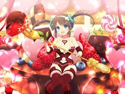  berry blue_eyes blueberry blush breasts brown_hair candy checkerboard_cookie chocolate chocolate_covered chocolate_syrup cleavage collarbone cookie cracker cream cream_on_body female food food_on_body food_on_breasts food_on_legs fork fruit hair_ornament hairband hamster heart heart-shaped_chocolate holding holding_fork large_breasts leaf licorice_(food) lollipop looking_at_viewer minori_(senran_kagura) oerba_yun_fang official_art open_mouth oversized_food oversized_object raspberry red_thighhighs revealing_clothes ring_hair_ornament senran_kagura senran_kagura_new_link senran_kagura_shinovi_versus smile solo strawberry sweets swirl_lollipop thighhighs twintails wafer whipped_cream yaegashi_nan 