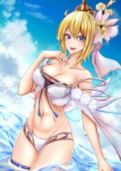  blonde_hair blue_eyes blue_sky breasts cloud commentary crown day europa_(granblue_fantasy) europa_(summer)_(granblue_fantasy) female granblue_fantasy highres looking_at_viewer medium_breasts navel ocean official_alternate_costume open_mouth self-upload short_hair sinorder sky swimsuit 