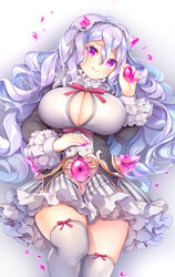  breasts cleavage closed_mouth collar crossed_bangs curly_hair female frilled_collar frilled_skirt frilled_sleeves frills gem grey_hair hair_between_eyes hairband highres large_breasts long_hair long_sleeves looking_at_viewer lying mg_kurino nail_polish neck_ribbon original pink_eyes pink_nails ribbon ribbon-trimmed_legwear ribbon_trim simple_background skirt smile solo thighhighs thighs wavy_hair white_thighhighs zettai_ryouiki 