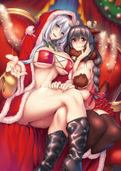  2girls amakano_~second_season~ animal_costume animal_ears antlers bell bikini black_hair blue_eyes blush boots bow braid breasts brown_eyes christmas closed_mouth collarbone comic_exe covered_nipples crossed_legs deer_ears deer_tail detached_collar eyepatch_bikini fake_animal_ears fake_antlers fake_tail fingernails fur-trimmed_bikini fur-trimmed_boots fur_collar fur_trim furrowed_brow hairbow half-closed_eyes highres horns knee_boots large_breasts lips long_hair looking_at_viewer multiple_girls navel neck_bell neck_ribbon non-web_source open_mouth piromizu reindeer_antlers reindeer_costume ribbon santa_bikini santa_costume single_braid sitting skindentation smile stomach string_bikini suzurikawa_euphrasie_ruika swimsuit tail takayashiro_yuzuka thighhighs thighs white_hair 