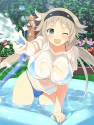  ass_visible_through_thighs bikini bikini_under_clothes blue_bikini blue_eyes blush breasts brick brown_hair cleavage collarbone faucet female flower grass hair_ornament hairband halterneck headband highres hose huge_breasts ibuki_(senran_kagura) kneeling leaf lens_flare long_hair looking_at_viewer low_twintails no_pants official_art one_eye_closed open_mouth outdoors pink_flower plant pool red_flower see-through senran_kagura senran_kagura_new_wave shirt smile solo spray spraying string_bikini swimsuit t-shirt thick_thighs thighs third-party_source twintails wading wading_pool water wet wet_clothes wet_shirt yaegashi_nan yellow_flower 