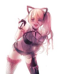  :p animal_ears asymmetrical_legwear bare_shoulders black_choker black_gloves black_legwear black_shirt black_shorts blonde_hair blue_eyes bracelet braid breasts cat_ears choker clothing_request collarbone commentary cowboy_shot danganronpa_(series) danganronpa_v3:_killing_harmony fake_animal_ears fangs female fingerless_gloves fishnet_thighhighs fishnets gloves gwanlamcha hair_between_eyes hand_on_own_thigh highres iruma_miu jewelry large_breasts leaning_forward long_hair looking_at_viewer micro_shorts middle_finger mismatched_legwear o-ring o-ring_choker o-ring_top open_fly open_mouth panties see-through shirt shorts side-tie_panties side_ponytail simple_background solo spiked_bracelet spikes symbol-only_commentary thighhighs tongue tongue_out underwear white_background 