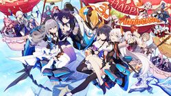  6+girls :d ;d ^_^ ahoge ai-chan_(honkai_impact) aircraft airship alcohol animal_ears arms_up bare_shoulders belt benares_(honkai_impact) black_gloves black_hair black_legwear black_shirt blood_embrace blue_eyes blue_hair blue_sky blush braid breasts bronya_zaychik bronya_zaychik_(herrscher_of_reason) carrier center_opening chibi china_dress chinese_clothes choker cleavage closed_eyes clothing_cutout cloud collarbone cropped_jacket crossed_bangs cup day dragon dress drill_hair drinking earrings eins_(honkai_impact) elbow_gloves everyone floating flying fox_ears frederica_nikola_tesla fu_hua fu_hua_(night_squire) fu_hua_(rustic_noir) gloves grey_hair hair_between_eyes hair_bun hair_ornament hair_ribbon hand_up heterochromia high_collar highres holding holding_cup honkai_(series) honkai_impact_3rd horns hot_air_balloon jacket jewelry jingwei&#039;s_wings kallen_kaslana kallen_kaslana_(ritual_imayoh) kiana_kaslana kiana_kaslana_(void_drifter) large_breasts layered_dress lieserl_albert_einstein light_brown_hair liliya_olenyeva long_hair looking_at_viewer low-cut_armhole low_ponytail medium_breasts multicolored_hair multiple_girls murata_himeko murata_himeko_(vermillion_knight) oerba_yun_fang official_alternate_costume official_art one_eye_closed open_clothes open_jacket open_mouth outdoors parted_bangs pink_hair project_bunny purple_hair quad_drills raiden_mei raiden_mei_(striker_fulminata) red_dress red_hair ribbon rita_rossweisse rita_rossweisse_(artemis) rozaliya_olenyeva seele_vollerei seele_vollerei_(swallowtail_phantasm) selune&#039;s_elegy shirt short_hair side_cutout side_ponytail sidelocks single_braid single_elbow_glove single_hair_bun single_thighhigh sirin skirt sky small_breasts smile tail theresa_apocalypse theresa_apocalypse_(twilight_paladin) thick_eyebrows thighhighs very_long_hair white_dress white_gloves white_hair white_legwear yae_sakura yae_sakura_(goushinnso_memento) yellow_eyes 