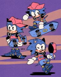  alternate_costume anthro biped black_eyes blue_body blue_bottomwear blue_clothing blue_footwear blue_fur blue_shoes blue_shorts bottomwear classic_sonic classic_sonic_(universe) clothing digital_media_(artwork) electronics eulipotyphlan footwear fur gloves handwear hat headgear headphones headphones_around_neck headwear hedgehog holding_object male mammal one_eye_closed open_mouth open_smile pink_clothing pink_hat pink_headwear pink_shirt pink_topwear plantigrade sega shirt shoes shorts skateboard skateboarding smile solo sonic_the_hedgehog sonic_the_hedgehog_(series) standing topwear vehicle white_clothing white_gloves white_handwear wink z-t00n 